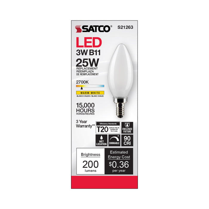 SATCO/NUVO 3W B11 LED Frost Candelabra Base 90 CRI 2700K 120V (S21263)