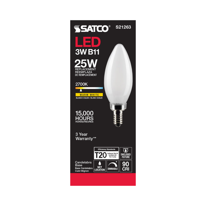 SATCO/NUVO 3W B11 LED Frost Candelabra Base 90 CRI 2700K 120V (S21263)