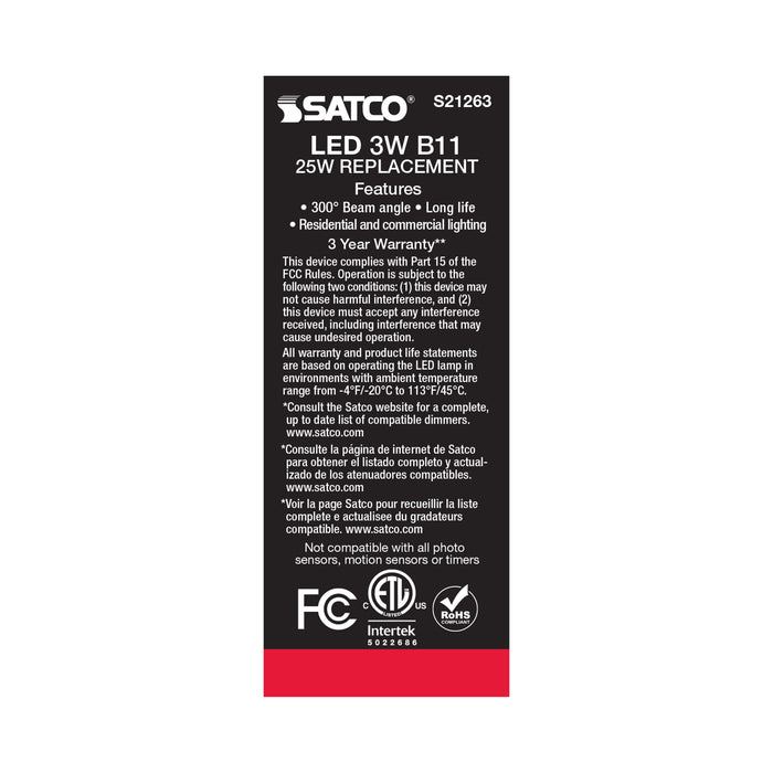 SATCO/NUVO 3W B11 LED Frost Candelabra Base 90 CRI 2700K 120V (S21263)