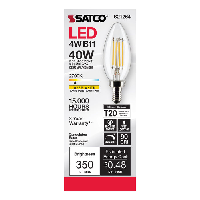 SATCO/NUVO 4W B11 LED Clear Candelabra Base 90 CRI 2700K 120V (S21264)