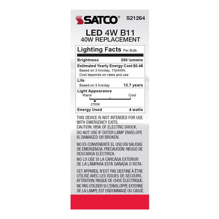 SATCO/NUVO 4W B11 LED Clear Candelabra Base 90 CRI 2700K 120V (S21264)