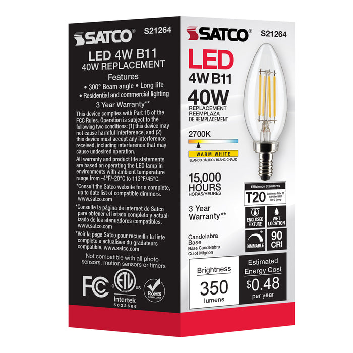 SATCO/NUVO 4W B11 LED Clear Candelabra Base 90 CRI 2700K 120V (S21264)