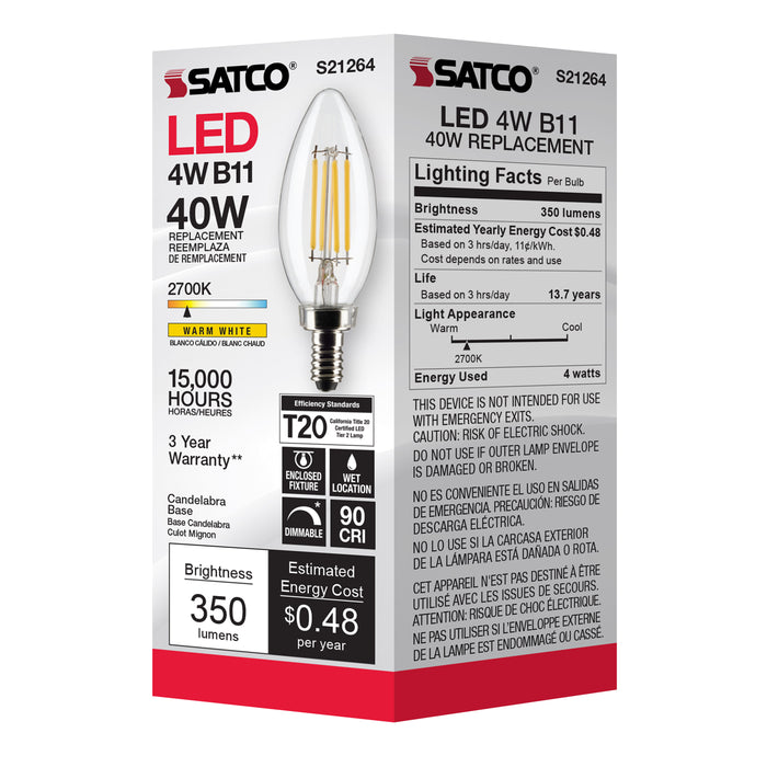 SATCO/NUVO 4W B11 LED Clear Candelabra Base 90 CRI 2700K 120V (S21264)