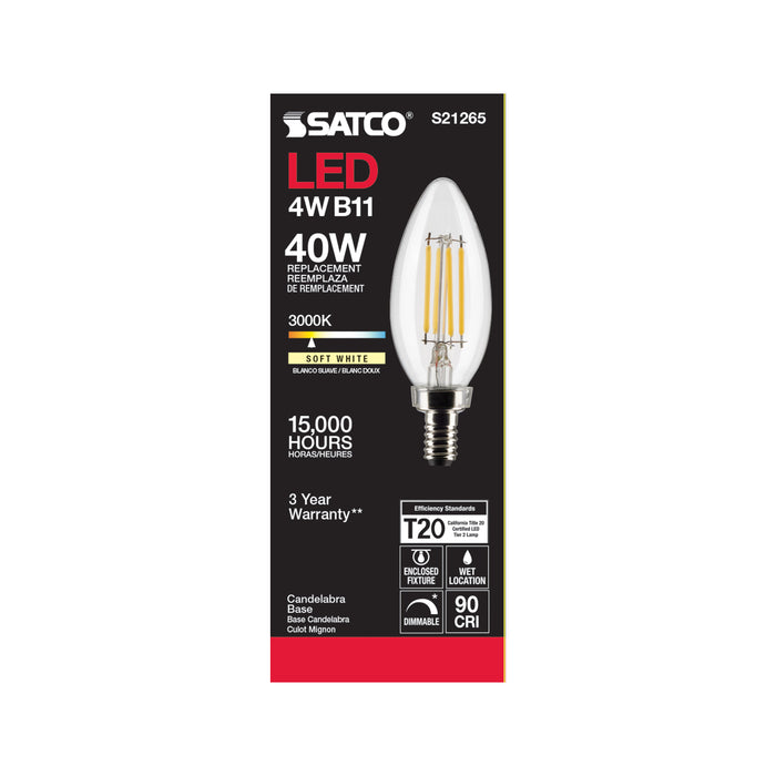 SATCO/NUVO 4W B11 LED Clear Candelabra Base 90 CRI 3000K 120V (S21265)