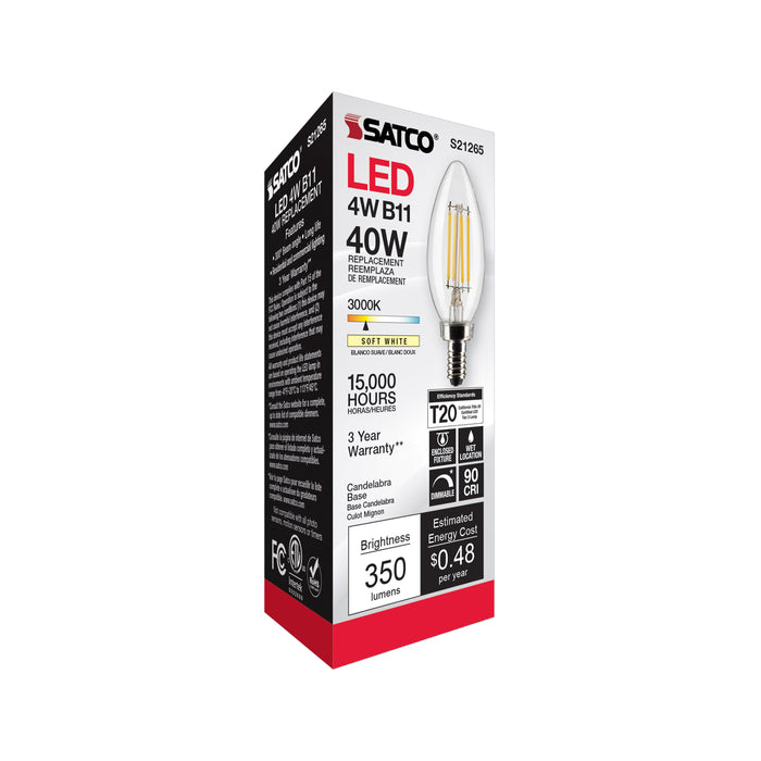 SATCO/NUVO 4W B11 LED Clear Candelabra Base 90 CRI 3000K 120V (S21265)