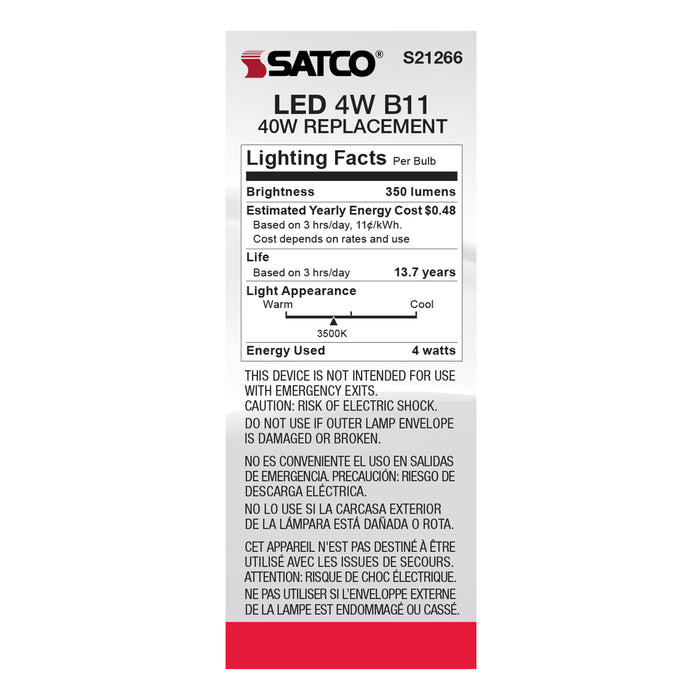 SATCO/NUVO 4W B11 LED Clear Candelabra Base 90 CRI 3500K 120V (S21266)
