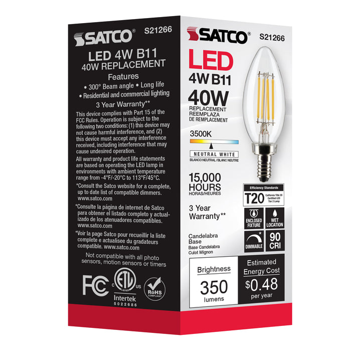SATCO/NUVO 4W B11 LED Clear Candelabra Base 90 CRI 3500K 120V (S21266)