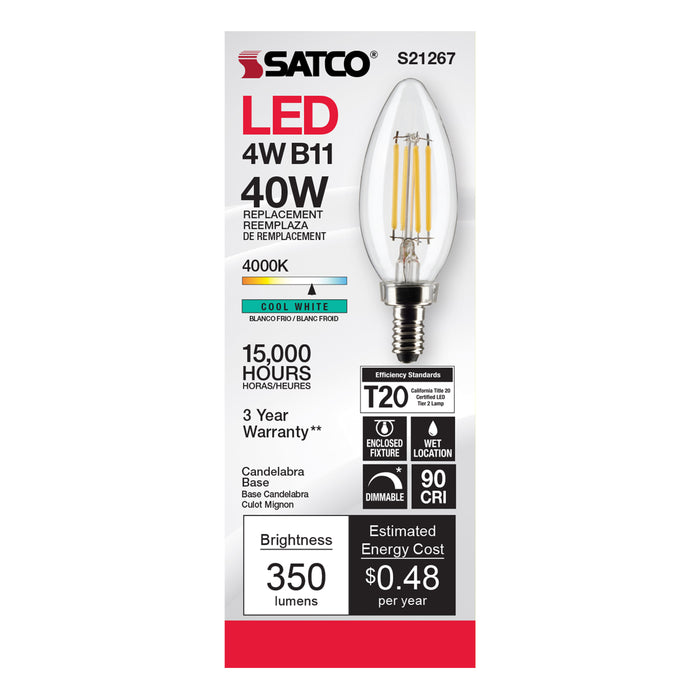 SATCO/NUVO 4W B11 LED Clear Candelabra Base 90 CRI 4000K 120V (S21267)