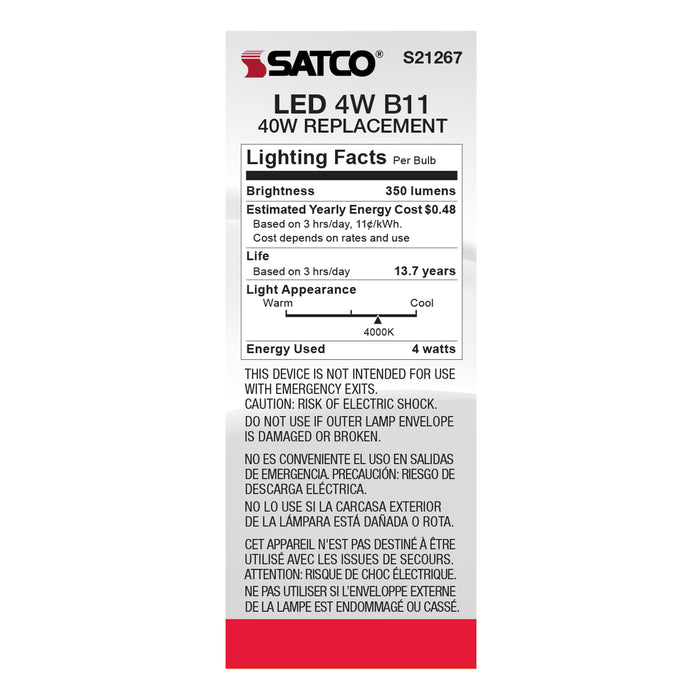 SATCO/NUVO 4W B11 LED Clear Candelabra Base 90 CRI 4000K 120V (S21267)