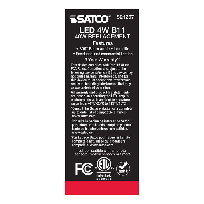 SATCO/NUVO 4W B11 LED Clear Candelabra Base 90 CRI 4000K 120V (S21267)