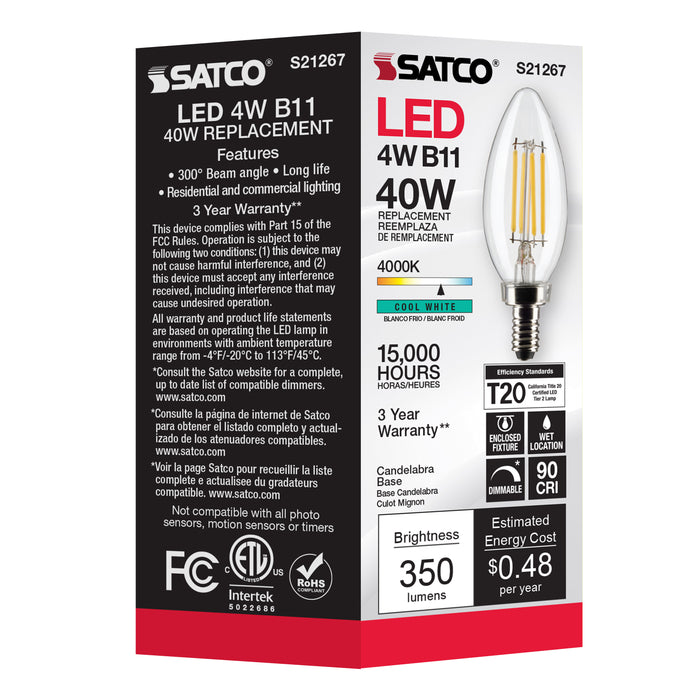 SATCO/NUVO 4W B11 LED Clear Candelabra Base 90 CRI 4000K 120V (S21267)