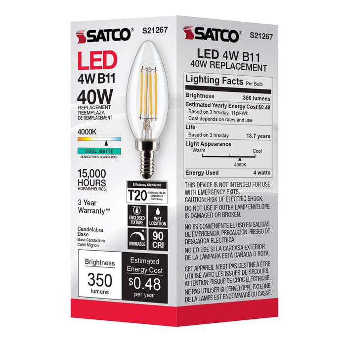SATCO/NUVO 4W B11 LED Clear Candelabra Base 90 CRI 4000K 120V (S21267)