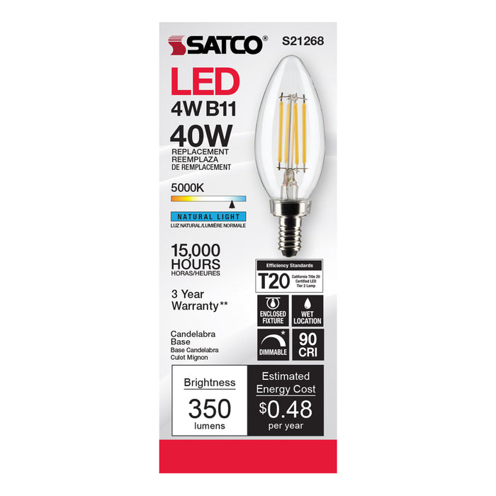 SATCO/NUVO 4W B11 LED Clear Candelabra Base 90 CRI 5000K 120V (S21268)