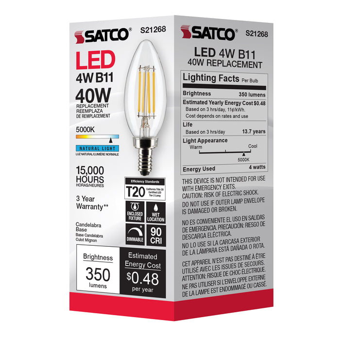 SATCO/NUVO 4W B11 LED Clear Candelabra Base 90 CRI 5000K 120V (S21268)