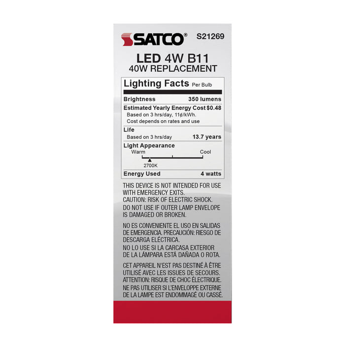 SATCO/NUVO 4W B11 LED Frost Candelabra Base 90 CRI 2700K 120V (S21269)