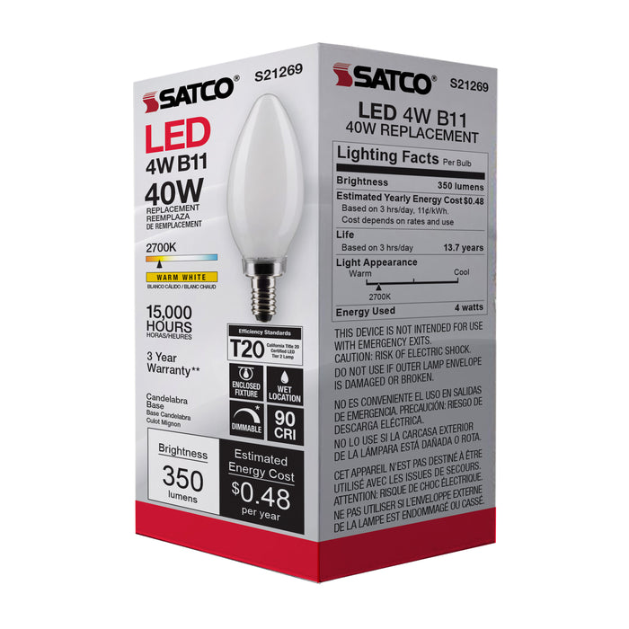 SATCO/NUVO 4W B11 LED Frost Candelabra Base 90 CRI 2700K 120V (S21269)