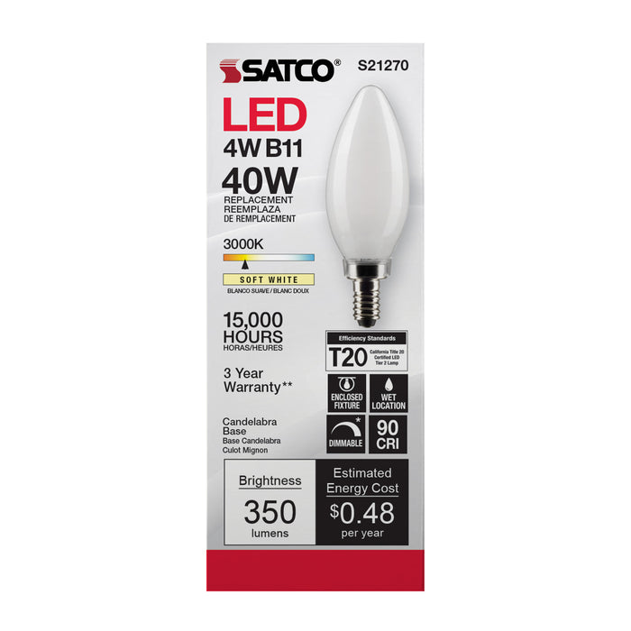 SATCO/NUVO 4W B11 LED Frost Candelabra Base 90 CRI 3000K 120V (S21270)