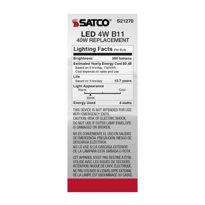 SATCO/NUVO 4W B11 LED Frost Candelabra Base 90 CRI 3000K 120V (S21270)