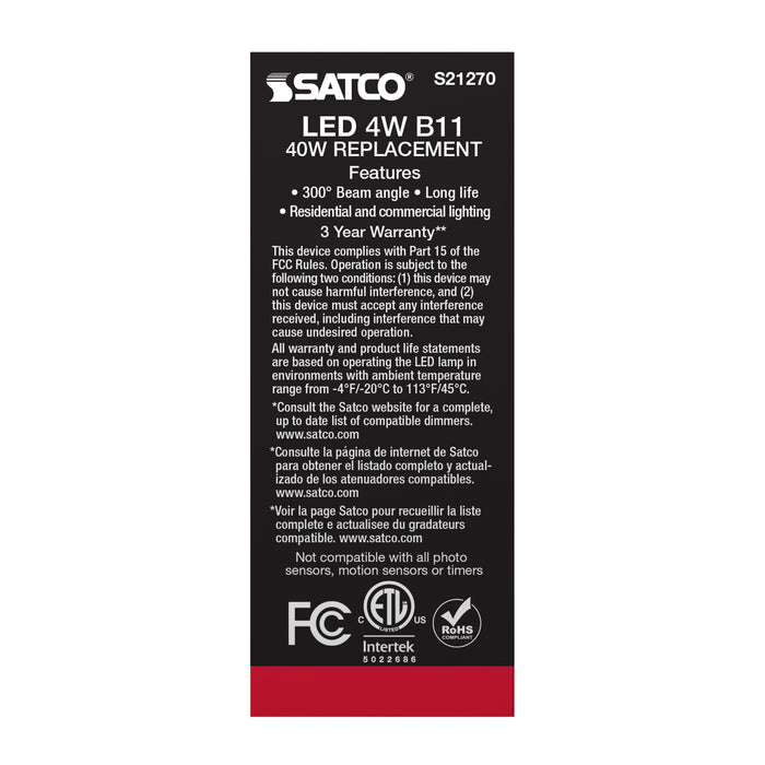 SATCO/NUVO 4W B11 LED Frost Candelabra Base 90 CRI 3000K 120V (S21270)