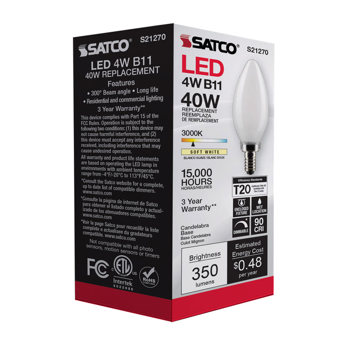 SATCO/NUVO 4W B11 LED Frost Candelabra Base 90 CRI 3000K 120V (S21270)