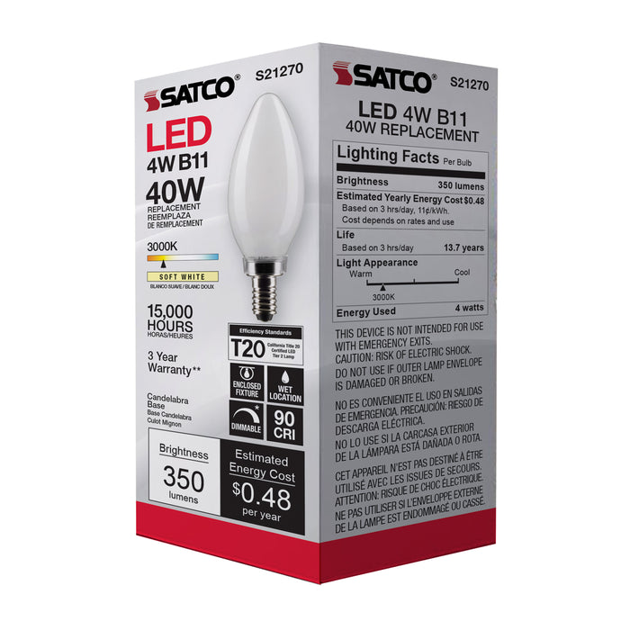 SATCO/NUVO 4W B11 LED Frost Candelabra Base 90 CRI 3000K 120V (S21270)