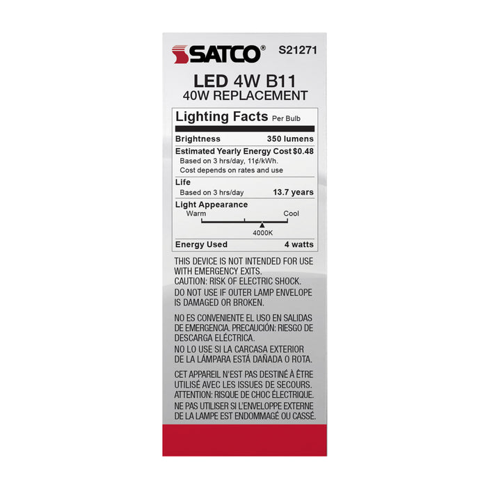 SATCO/NUVO 4W B11 LED Frost Candelabra Base 90 CRI 4000K 120V (S21271)