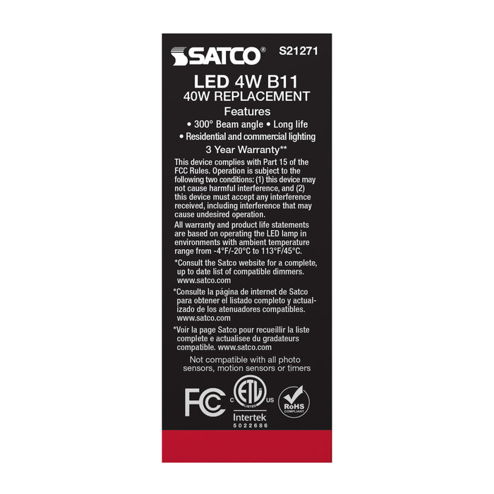 SATCO/NUVO 4W B11 LED Frost Candelabra Base 90 CRI 4000K 120V (S21271)