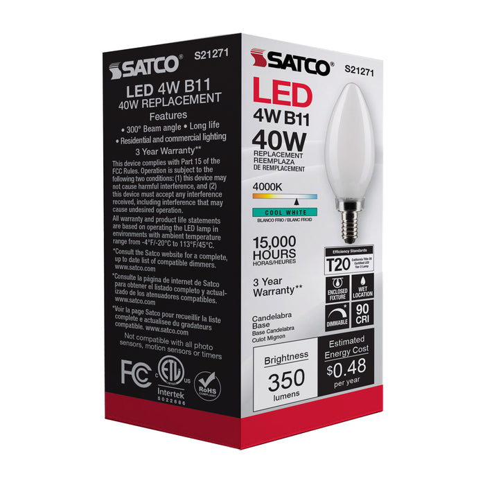 SATCO/NUVO 4W B11 LED Frost Candelabra Base 90 CRI 4000K 120V (S21271)