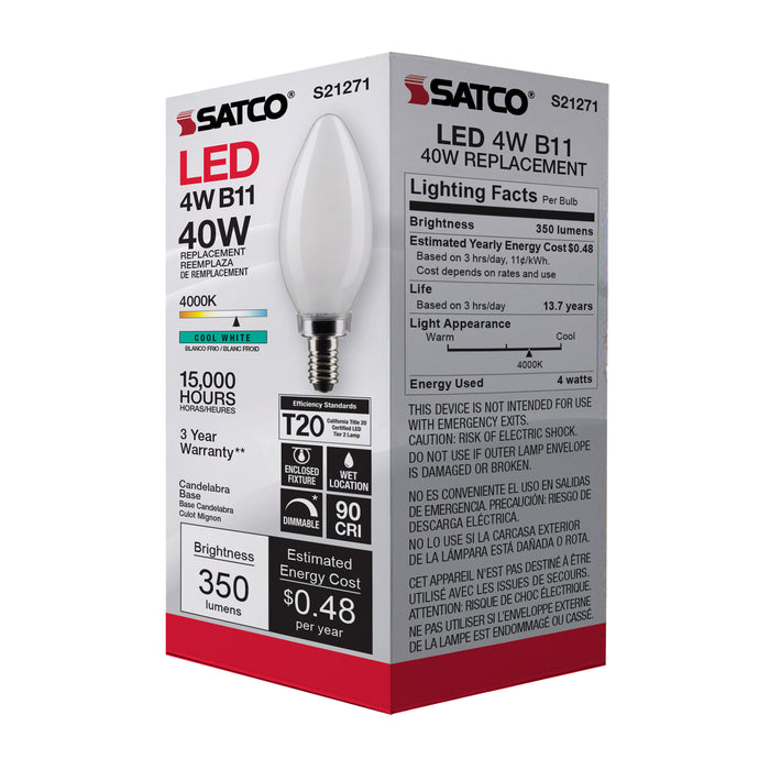 SATCO/NUVO 4W B11 LED Frost Candelabra Base 90 CRI 4000K 120V (S21271)