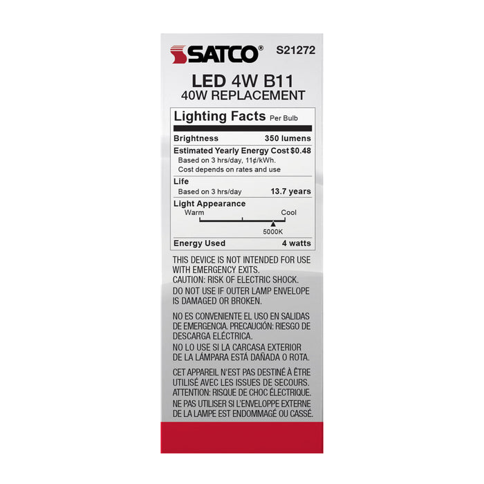 SATCO/NUVO 4W B11 LED Frost Candelabra Base 90 CRI 5000K 120V (S21272)