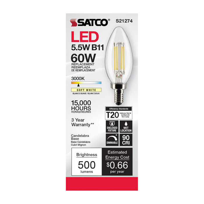 SATCO/NUVO 5.5W B11 LED Clear Candelabra Base 90 CRI 3000K 120V (S21274)