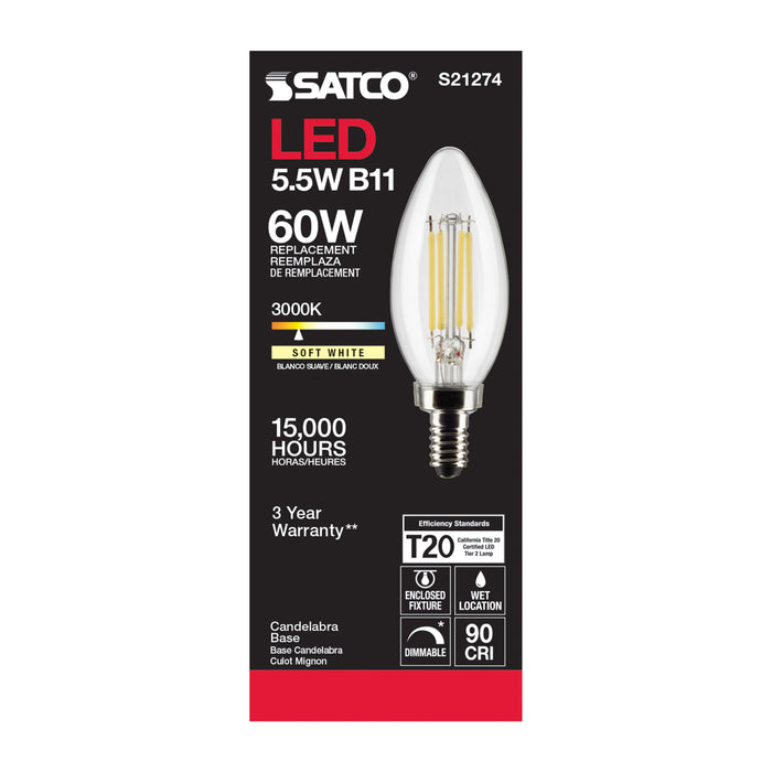 SATCO/NUVO 5.5W B11 LED Clear Candelabra Base 90 CRI 3000K 120V (S21274)