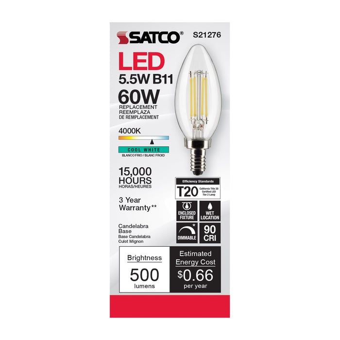 SATCO/NUVO 5.5W B11 LED Clear Candelabra Base 90 CRI 4000K 120V (S21276)