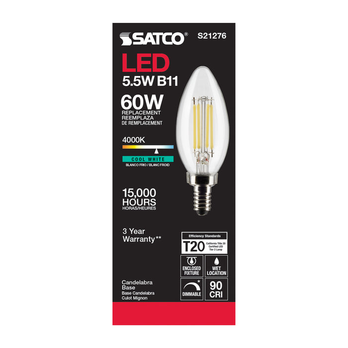 SATCO/NUVO 5.5W B11 LED Clear Candelabra Base 90 CRI 4000K 120V (S21276)