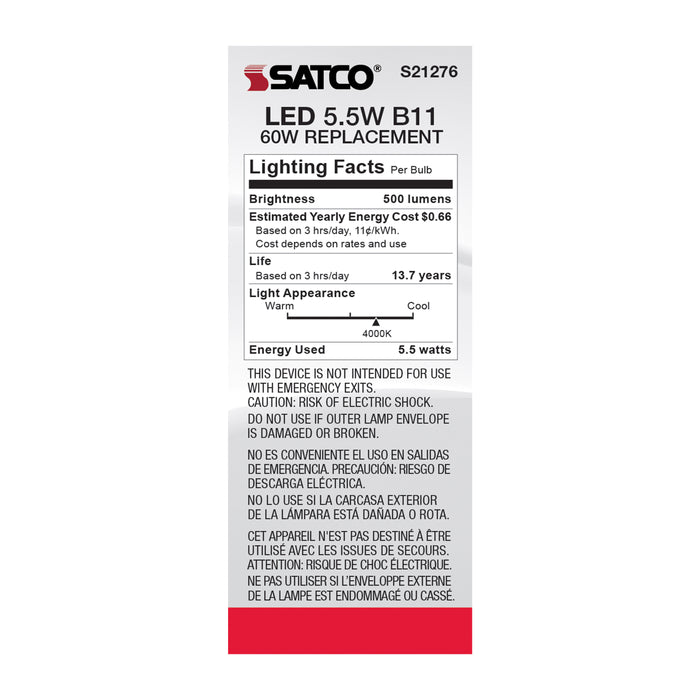 SATCO/NUVO 5.5W B11 LED Clear Candelabra Base 90 CRI 4000K 120V (S21276)