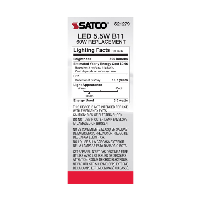 SATCO/NUVO 5.5W B11 LED Frost Candelabra Base 90 CRI 3000K 120V (S21279)