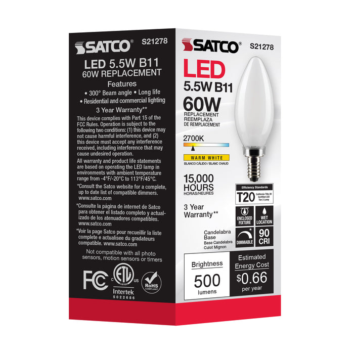 SATCO/NUVO 5.5W B11 LED Frost Candelabra Base 90 CRI 3000K 120V (S21279)
