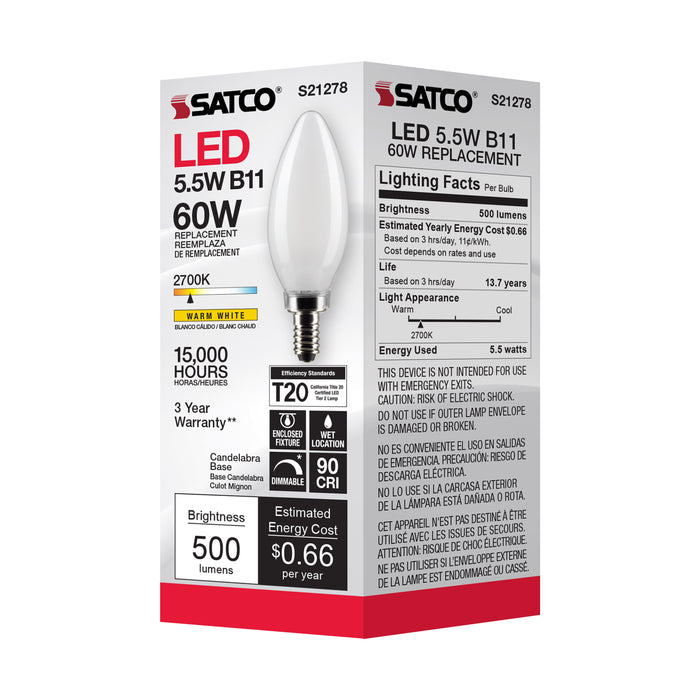 SATCO/NUVO 5.5W B11 LED Frost Candelabra Base 90 CRI 3000K 120V (S21279)