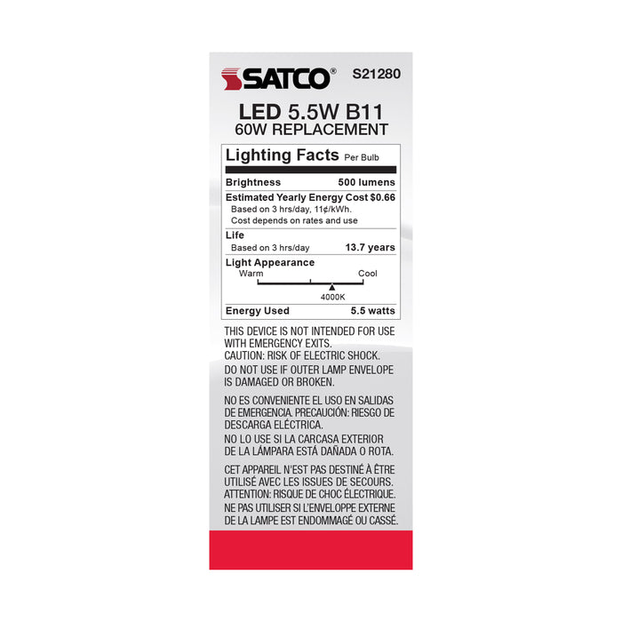 SATCO/NUVO 5.5W B11 LED Frost Candelabra Base 90 CRI 4000K 120V (S21280)