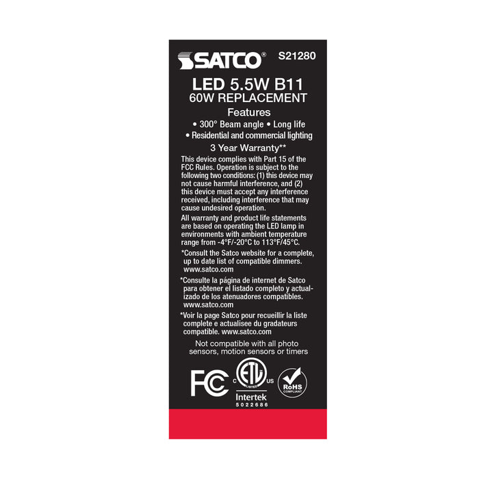 SATCO/NUVO 5.5W B11 LED Frost Candelabra Base 90 CRI 4000K 120V (S21280)