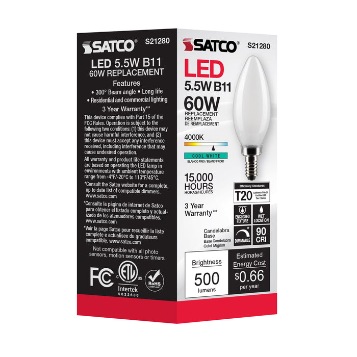 SATCO/NUVO 5.5W B11 LED Frost Candelabra Base 90 CRI 4000K 120V (S21280)