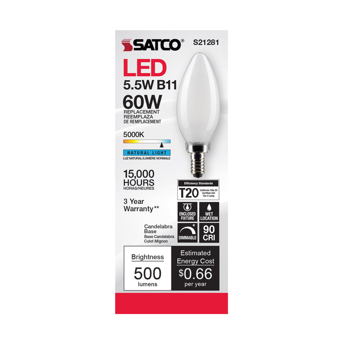 SATCO/NUVO 5.5W B11 LED Frost Candelabra Base 90 CRI 5000K 120V (S21281)