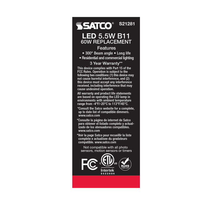 SATCO/NUVO 5.5W B11 LED Frost Candelabra Base 90 CRI 5000K 120V (S21281)
