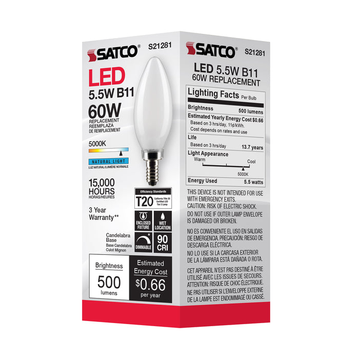 SATCO/NUVO 5.5W B11 LED Frost Candelabra Base 90 CRI 5000K 120V (S21281)