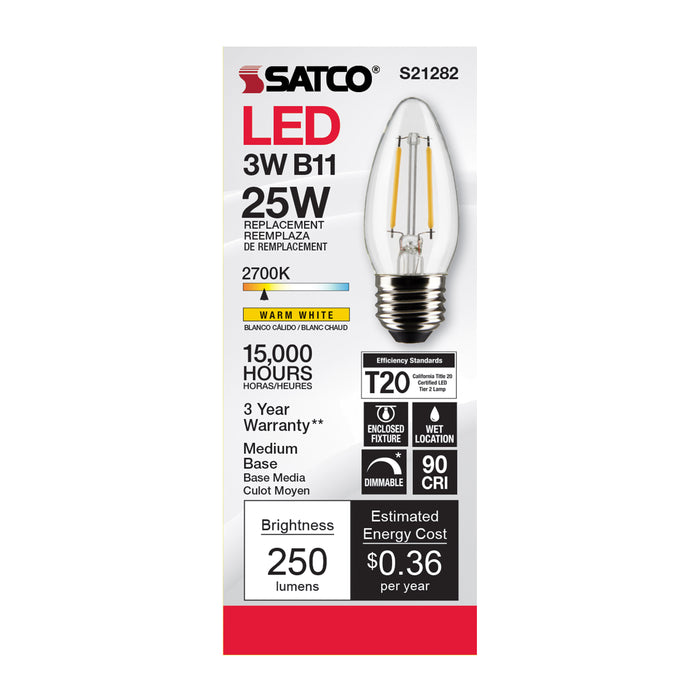 SATCO/NUVO 3W B11 LED Clear Medium Base 90 CRI 2700K 120V (S21282)