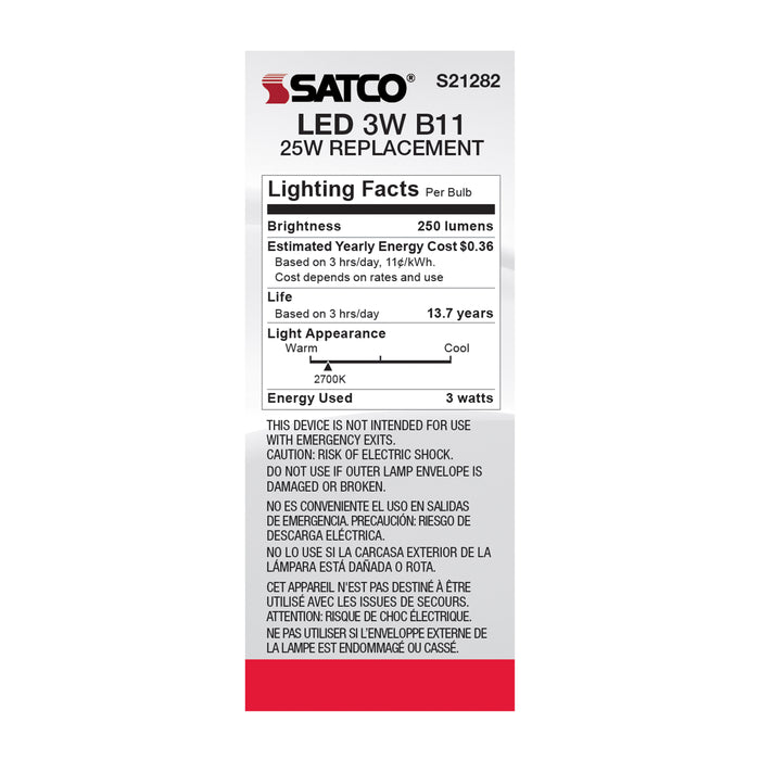 SATCO/NUVO 3W B11 LED Clear Medium Base 90 CRI 2700K 120V (S21282)