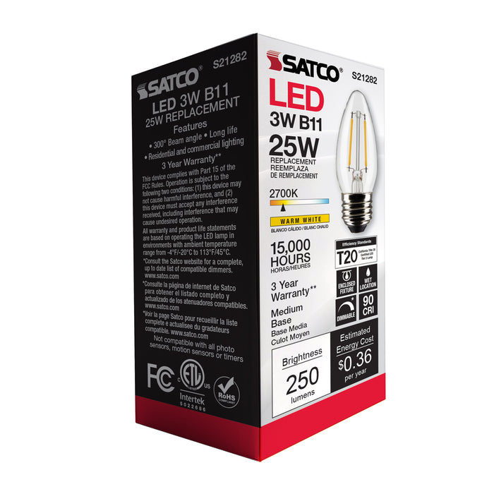 SATCO/NUVO 3W B11 LED Clear Medium Base 90 CRI 2700K 120V (S21282)