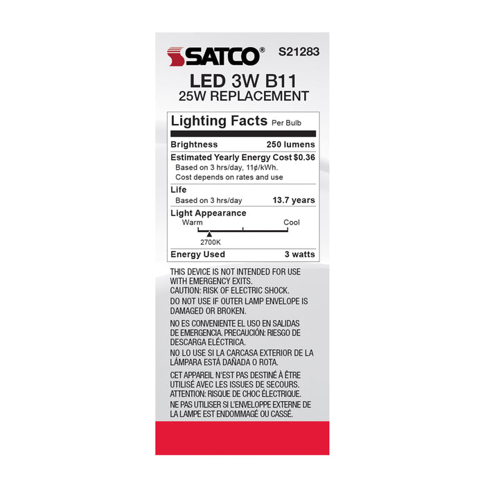 SATCO/NUVO 3W B11 LED Frost Medium Base 90 CRI 2700K 120V (S21283)