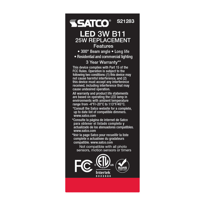 SATCO/NUVO 3W B11 LED Frost Medium Base 90 CRI 2700K 120V (S21283)