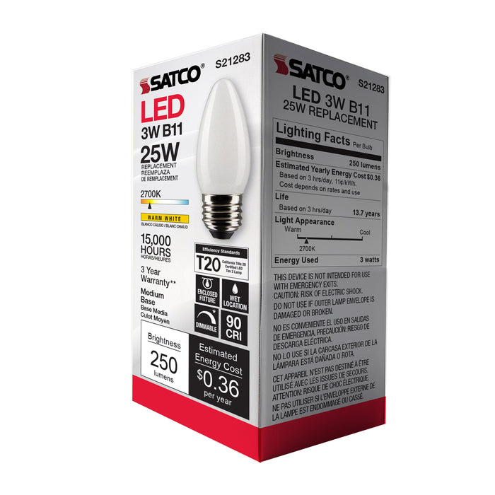SATCO/NUVO 3W B11 LED Frost Medium Base 90 CRI 2700K 120V (S21283)